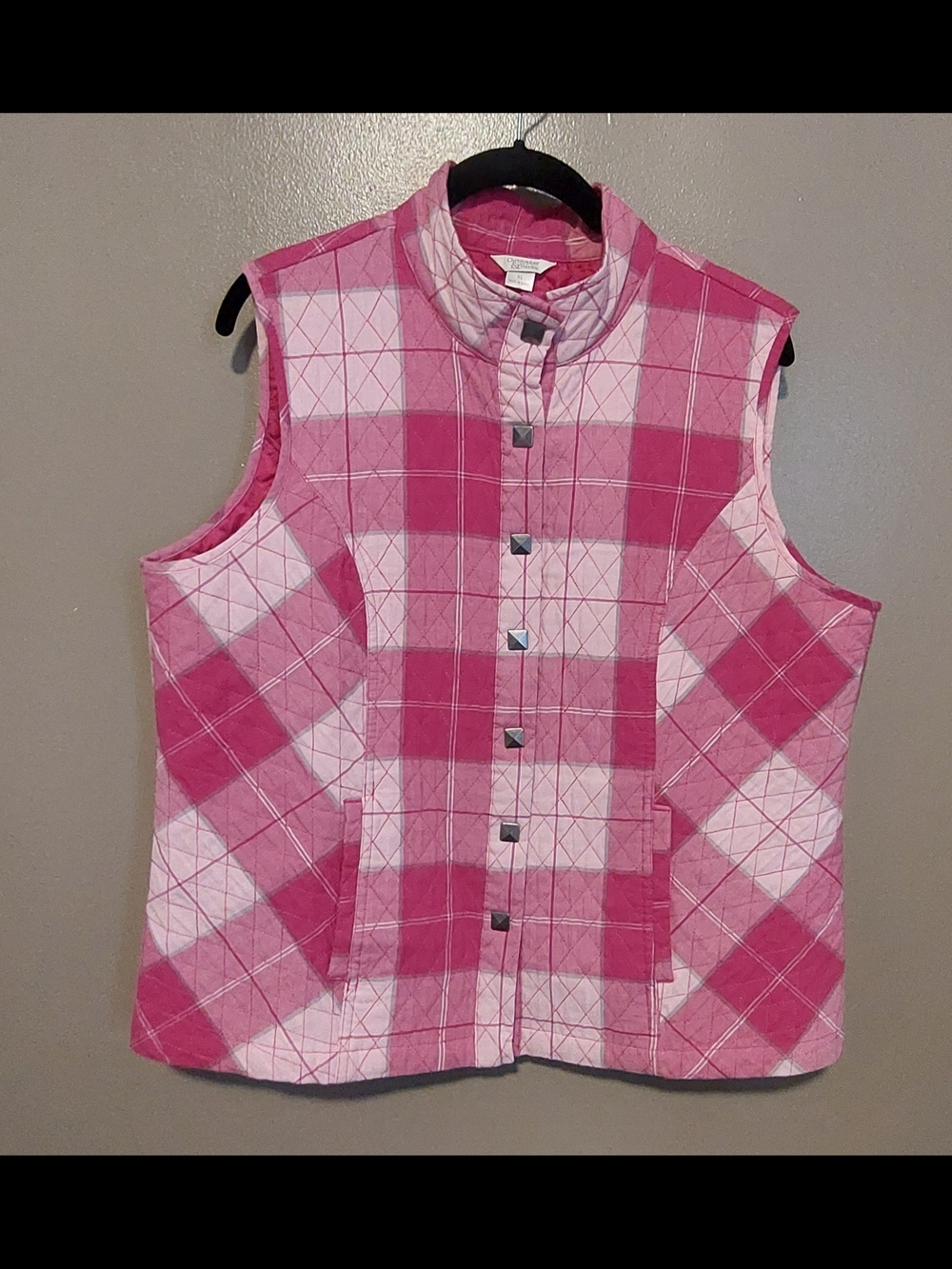 Christopher & Banks Women's Plaid Quilted Vest W/Pockets & Pyramind Snaps, XL